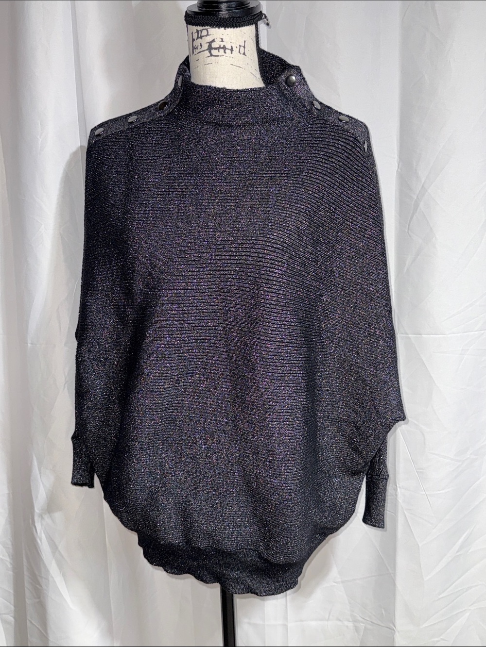 Philosophy Dark Shimmer Knit Sweater with Shoulder Button Detail